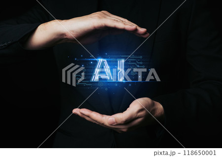 Businessman protect AI. technology smart robot science and artificial intelligence technology, and innovation futuristic. 118650001