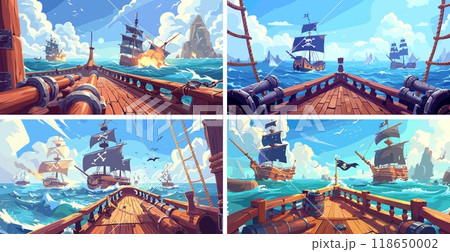 Privateer ship deck cartoon vector scenes. Emblem skull bones jolly roger pirate wooden brigantine boards explosions waves sea ocean marine naval clash frigate attack raider concepts 118650002