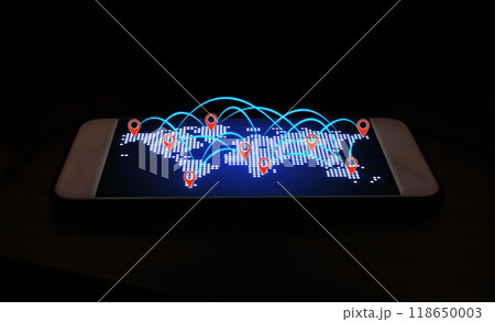 Technology and location tracking GPS map interface locations of services, delivery, travel app, logistics and transportation on smartphone. 118650003