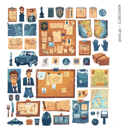 Privat detective board cartoon vector set. Handwear magnifying glass snapshots footwear fingerprint token phone messages car key pen camera files crime clues proof suspects law scheme isolated arts 118650004