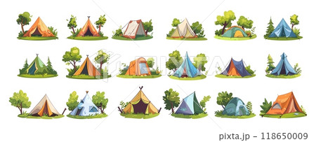 Outdoor tents cartoon vector set. Camps shelters awnings underbrush lush ropes cords summertime hiking open air trips eco journeys equipment isolated on white background 118650009