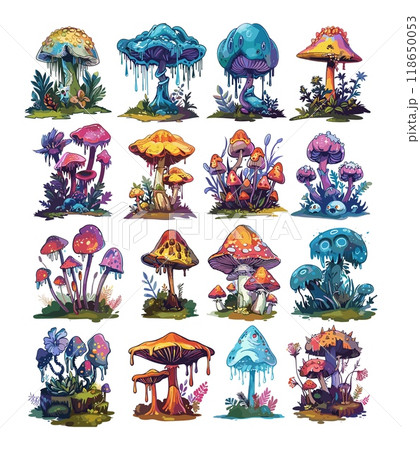 Enchanted alien mushrooms blooms cartoon vector series. Extraordinary magic plants leaves stems spores bushes strange fantasy vegetation botany illustration isolated on white background 118650053