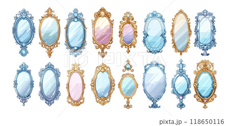Bizarre mirrors cartoon vector set. Oval glass curls frame metal galvanic magic reflection accessories illustration isolated on white background 118650116
