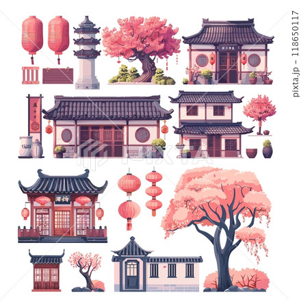 Asian urban elements cartoon vector collection. Chinese structures stone pillars spires pagoda paper red lanterns cherry wood verdant shrubbery artworks isolated on white backdrop 118650117