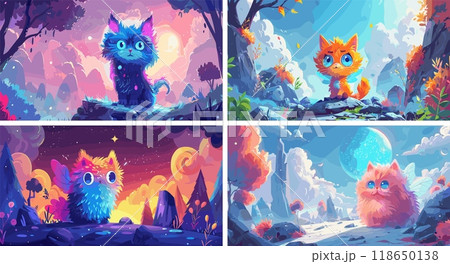 Alien planet cat cartoon vector scenes. Cute tail large eyes rocks stones trees radiant otherworldly feline glow cosmic monster animal creature concepts 118650138