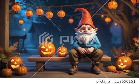 This charming gnome sits in a vibrant Halloween setting, surrounded by glowing lanterns and carved pumpkins. Perfect for autumn-themed visuals. 118650151