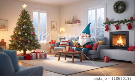 Experience the warmth of a cozy Christmas living room, featuring a whimsical gnome, a beautifully decorated tree, and a crackling fireplace filled with holiday cheer. 118650152