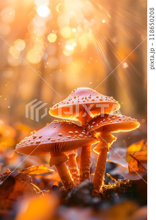 Close-up of a glade of mushrooms in the forest	 118650208