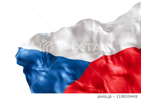 Realistic flag of Czech Republic with folds, isolated on white background. Footer, corner design element. Cut out. Perfect for patriotic themes or national event promotions. 3D render. Realistic flag of Czech Republic with folds, isolated on white background. Footer, corner design element. Cut out. Perfect for patriotic themes or national event promotions. 3D render. 118650449