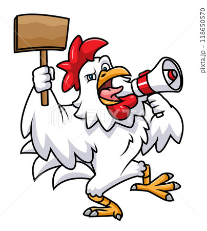 A rooster crows with a megaphone and holding blank wood of illustration 118650570
