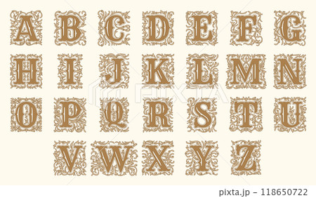 Decorative alphabet. Ornate hand drawn letters for luxury vintage alphabet recent vector royal font template 118650722