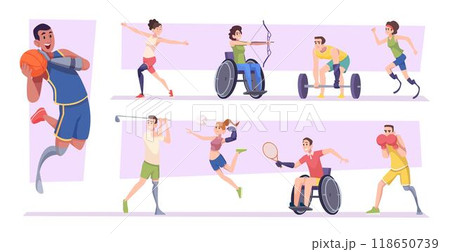 Disabled fitness. Athletes characters with protesis legs and hands exact vector illustrations in cartoon style 118650739