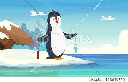 cartoon penguin. happy north pole animals fishing. vector funny character cartoon penguin. happy north pole animals fishing. vector funny character 118650756