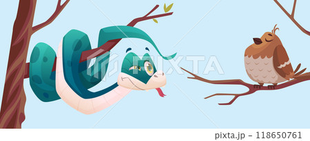 snake. lizard hunting on bird vector cartoon snake on tree snake. lizard hunting on bird vector cartoon snake on tree 118650761