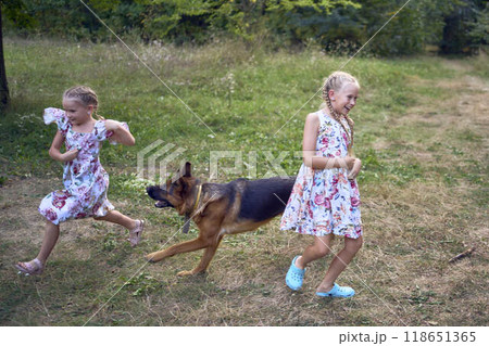 little girls sisters play with german shepherd dog during easter picnic in the garden 118651365