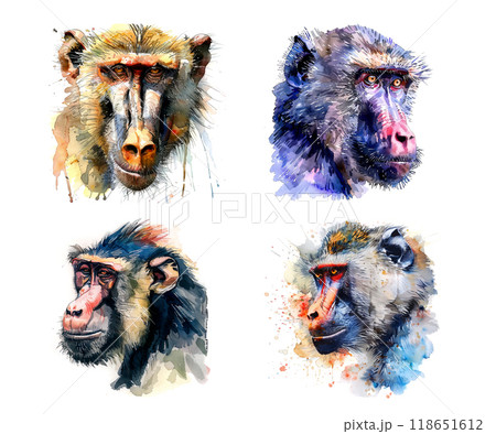 A set of four vibrant watercolor portraits of baboons, each uniquely detailed with expressive faces and colorful splashes, isolated against a white background, Watercolor painting of a monkey. 118651612
