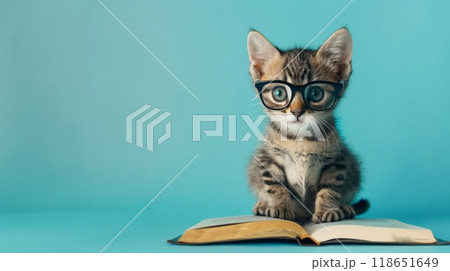A playful kitten with glasses looks up from an open book, seemingly intrigued. The blue background adds a cheerful touch to this charming moment 118651649