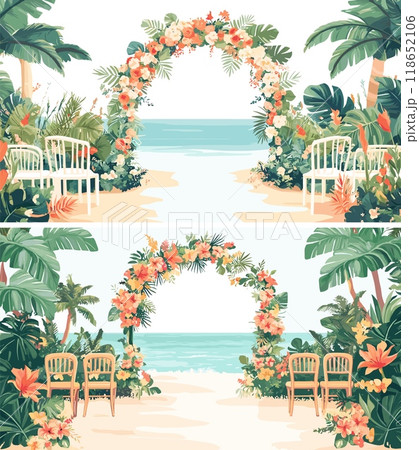 Wedding flowers arches cartoon vector concepts. Chairs palms blossom leaves sea ocean marine coast shore bridal marriage ceremony spot anniversary place illustrations 118652106