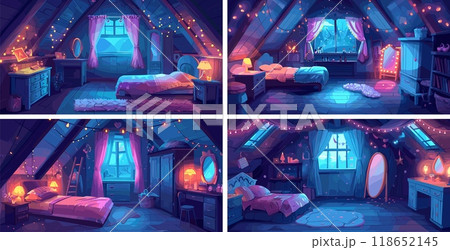 Young woman evening bedroom cartoon vector scenes. Bed mattress cushions window string lights bedside table lamp vanity mirror cupboard drapes loft lavender hues snug concepts Young woman evening bedroom cartoon vector scenes. Bed mattress cushions window string lights bedside table lamp vanity mirror cupboard drapes loft lavender hues snug concepts 118652145
