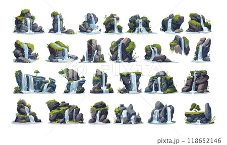 Waterfall springs cartoon vector collection. Boulders rocks stones water cascades greenery undergrowth lichen pebbles clear aqua sprays peaks descending streams, isolated illustrations Waterfall springs cartoon vector collection. Boulders rocks stones water cascades greenery undergrowth lichen pebbles clear aqua sprays peaks descending streams, isolated illustrations 118652146