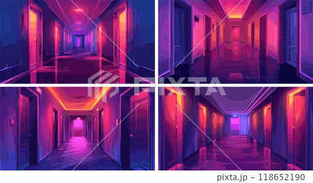 Twilight dark corridor cartoon vector settings. Doors empty passage purple dusk danger lighting creepy tunnel scary office hotel hallway interior concepts 118652190