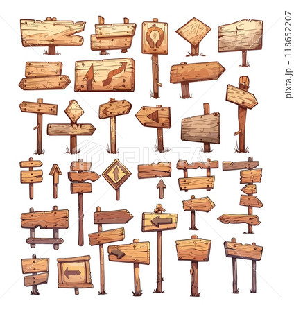Timber directional markers cartoon vector collection. Wayfinding posts panels indicators route wood signs frames marks road pointers illustrations isolated on white background 118652207