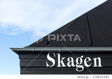Skagen sign on a building, the northernmost town in Denmark Skagen sign on a building, the northernmost town in Denmark 118652293