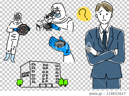 Rough hand-drawn line drawing of a man thinking about semiconductors 118652627