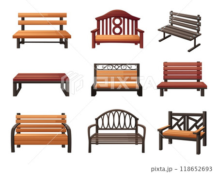 Cartoon wood bench. Isolated benches for city park garden public places. Outdoor decorative furnitures with metal details, nowaday vector set Cartoon wood bench. Isolated benches for city park garden public places. Outdoor decorative furnitures with metal details, nowaday vector set 118652693