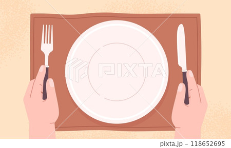Man and white plate. Person wait food, breakfast lunch dinner time. Hands holding knife and fork and empty bowl. Human eating racy vector background 118652695