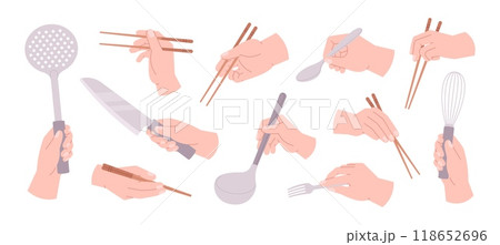 Hands holding utensils. Hand cooking and eating, hold kitchen tools. Spoon chopsticks knife fork in human arm food preparation, racy vector set 118652696