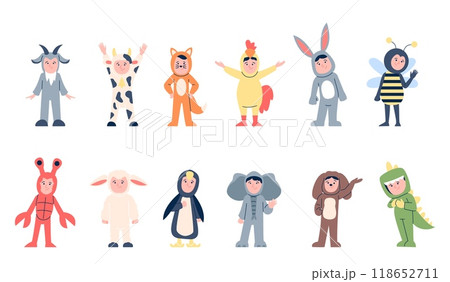 Animal masquerade costumes. Children in amigurumi costume, pajama party little characters. Elephant penguin bunny cow chicken, recent vector set Animal masquerade costumes. Children in amigurumi costume, pajama party little characters. Elephant penguin bunny cow chicken, recent vector set 118652711