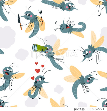 Cute cartoon mosquitos seamless pattern. Funny mosquito eating, in love, scared by toxic smoke. Cute print for fabric, wrapping, vector background Cute cartoon mosquitos seamless pattern. Funny mosquito eating, in love, scared by toxic smoke. Cute print for fabric, wrapping, vector background 118652721