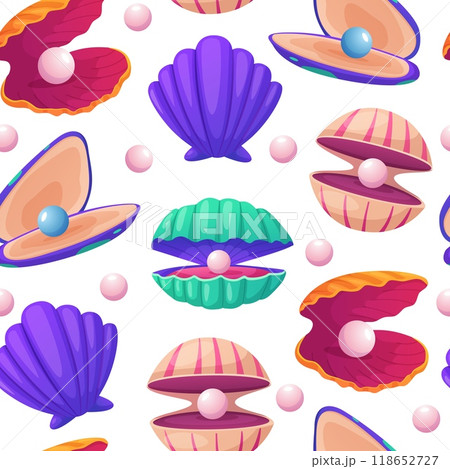 Pearl seashells seamless pattern. Natural decorative pearls in vibrant shells. Sea ocean nautical print design for wrapping and fabric, nowaday vector background 118652727