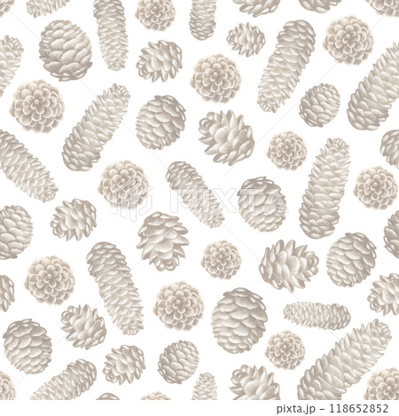Seamless Pinecone Watercolor Pattern. Hand-drawn illustration with various shapes of spruce and pine cones on a fog background. Perfect for festive backgrounds and winter designs. Design gift wrap. 118652852