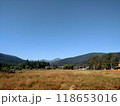 View of Hoverla Mountain in the Carpathians from the countryside grows green grass and a design for drying grass horizontal 118653016