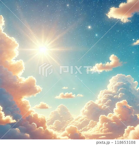 幻想的な青空に浮かぶ太陽と雲 118653108