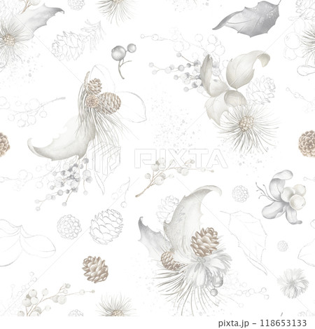 Seamless Christmas Flowers Design. Watercolor design Hand-drawn with berries, branches, and holly on a pale background. Perfect for festive backgrounds and winter designs. Cute Design gift wrap. Seamless Christmas Flowers Design. Watercolor design Hand-drawn with berries, branches, and holly on a pale background. Perfect for festive backgrounds and winter designs. Cute Design gift wrap. 118653133