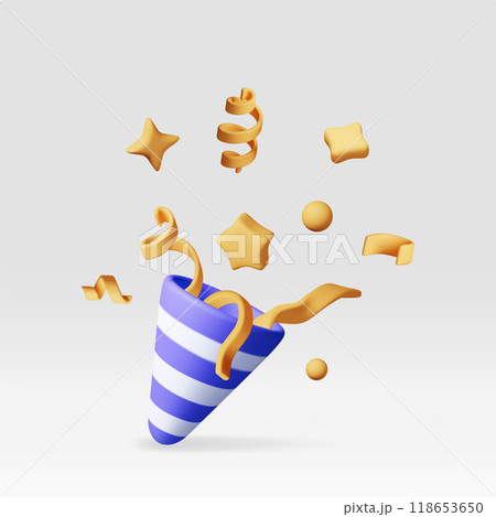 3D party popper with confetti isolated on white 118653650