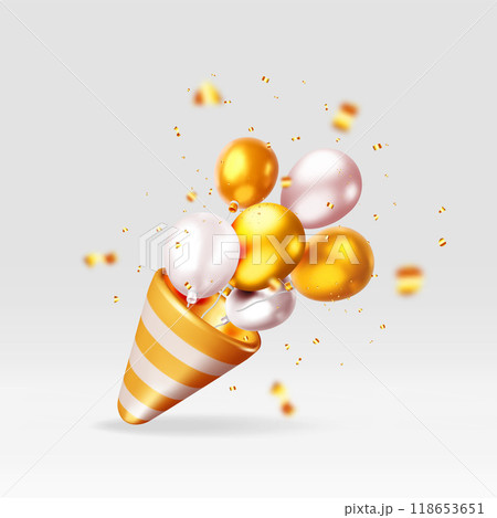 3D party popper with balloons confetti isolated 118653651