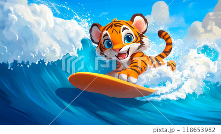 Tiger Cub Surfing The Waves Cartoon Illustration For Childrens Book Adorable Character Colorful Surfing Scene Playful Waves Whimsical Art Kids Storybook Fun Beach Adventure 118653982