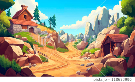 Rural Landscape With Mine Cartoon Illustration For Childrens Book Scenic Rural Setting Colorful Mine Structure Charming Countryside Whimsical Kids Storybook Farm and Mine Scene 118653990