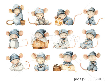 Mouse in Sleep Cap in Various Charming Poses Cozy Resting Dreamy Watercolor Illustrations For Childrens Book 118654019