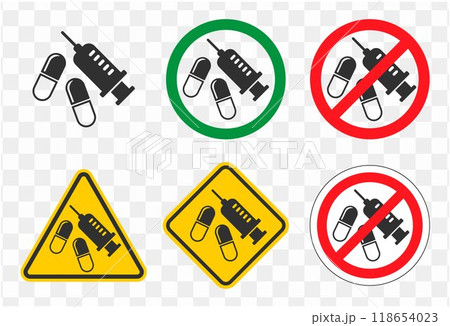 No drugs allowed. Pills and Syringe medical icon shape. Medicine prohibited logo symbol sign. Vector illustration image. Drug free zone. 118654023