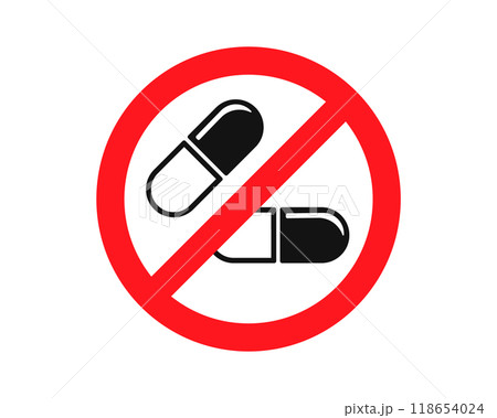 No drugs allowed. Pills medical icon shape. Medicine prohibited logo symbol sign. Vector illustration image. Drug free zone. 118654024