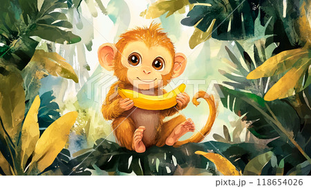 Little Monkey With Banana In Paw Cartoon Illustration For Childrens Book Adorable Character Banana Whimsical Art Kids Storybook Playful Scene Fun Fruit Interaction 118654026