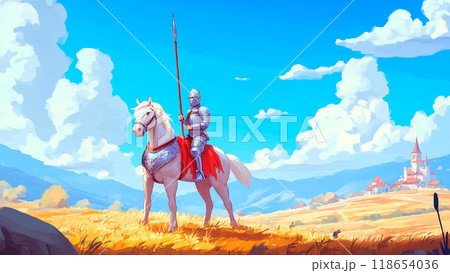 Knight In Shining Armor With Spear On Tall Beautiful Horse Cartoon Illustration For Childrens Book Gallant Character Colorful Majestic Art Kids Storybook Brave Knight In Shining Armor With Spear On Tall Beautiful Horse Cartoon Illustration For Childrens Book Gallant Character Colorful Majestic Art Kids Storybook Brave 118654036