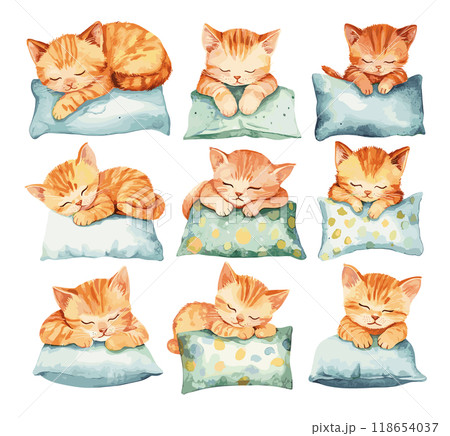 Kittens Sleeping on a Pillow in Various Cozy Poses Adorable Playful Resting Soft Watercolor Illustrations For Childrens Book 118654037