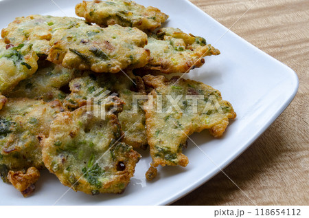 Golden Crispy Goodness, Capturing the Top View of Vegetable Fritter 118654112