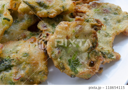 Close up view of vegetable fritters from above. Close up view of vegetable fritters from above. 118654115